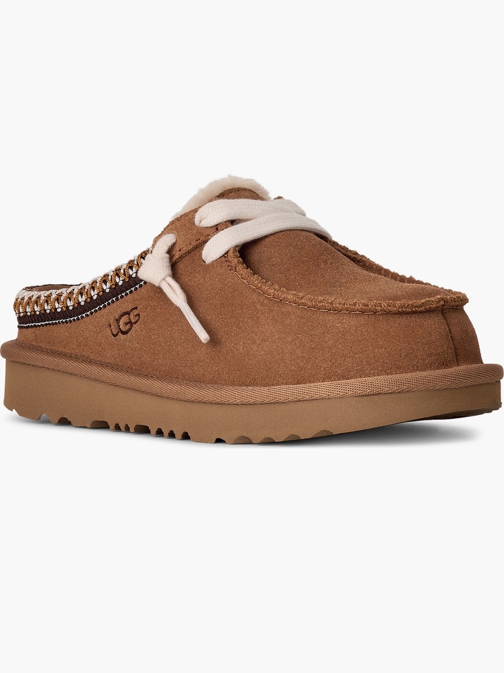 New Ugg Tasman Mules Slides Shoes Laced Chestnut Brown Suede Kids 2 4